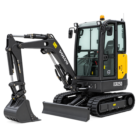 Yellow and black Volvo ECR25D compact excavator with black tracks, black bucket, black cab, and front blade on a white background.