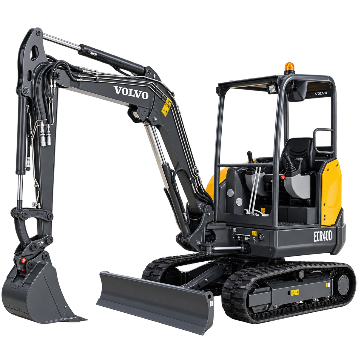 Black and yellow Volvo ECR40D compact excavator with black tracks, black bucket, open cab, and front blade on a white background.