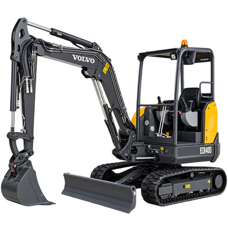 Black and yellow Volvo ECR40D compact excavator with black tracks, black bucket, open cab, and front blade on a white background.