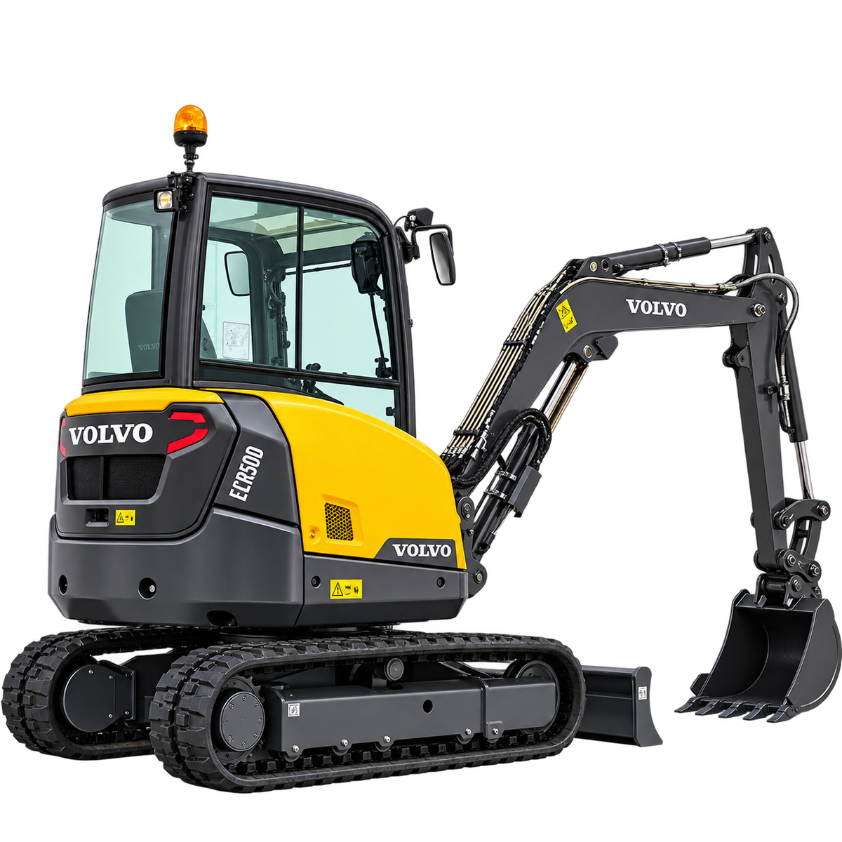 Yellow and black Volvo ECR50D mini excavator with black rubber tracks, enclosed cab, hydraulic boom, black digging bucket, and front dozer blade on a transparent background.