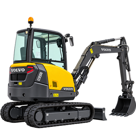 Yellow and black Volvo ECR50D mini excavator with black rubber tracks, enclosed cab, hydraulic boom, black digging bucket, and front dozer blade on a transparent background.