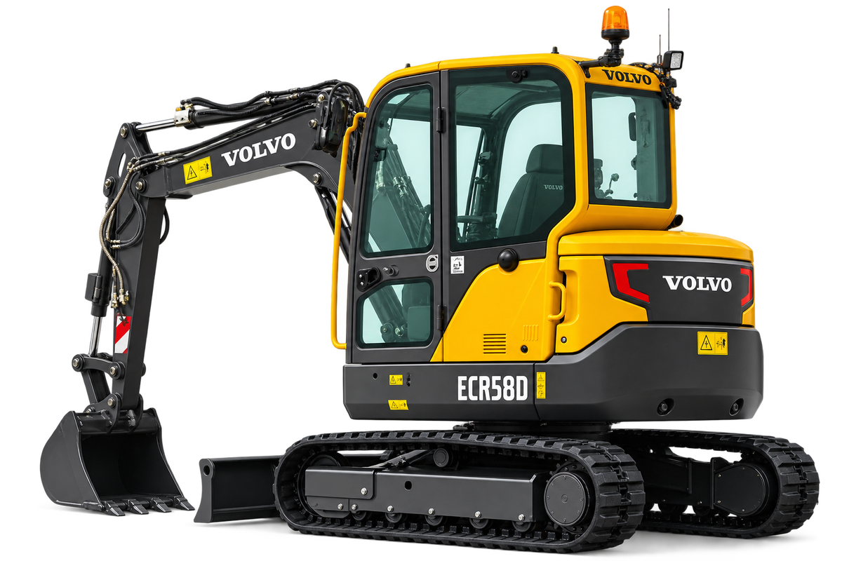 Yellow and black Volvo ECR58D compact excavator with black tracks, black bucket, black cab, and front blade on a transparent background.