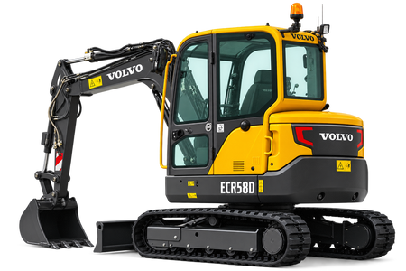 Yellow and black Volvo ECR58D compact excavator with black tracks, black bucket, black cab, and front blade on a transparent background.