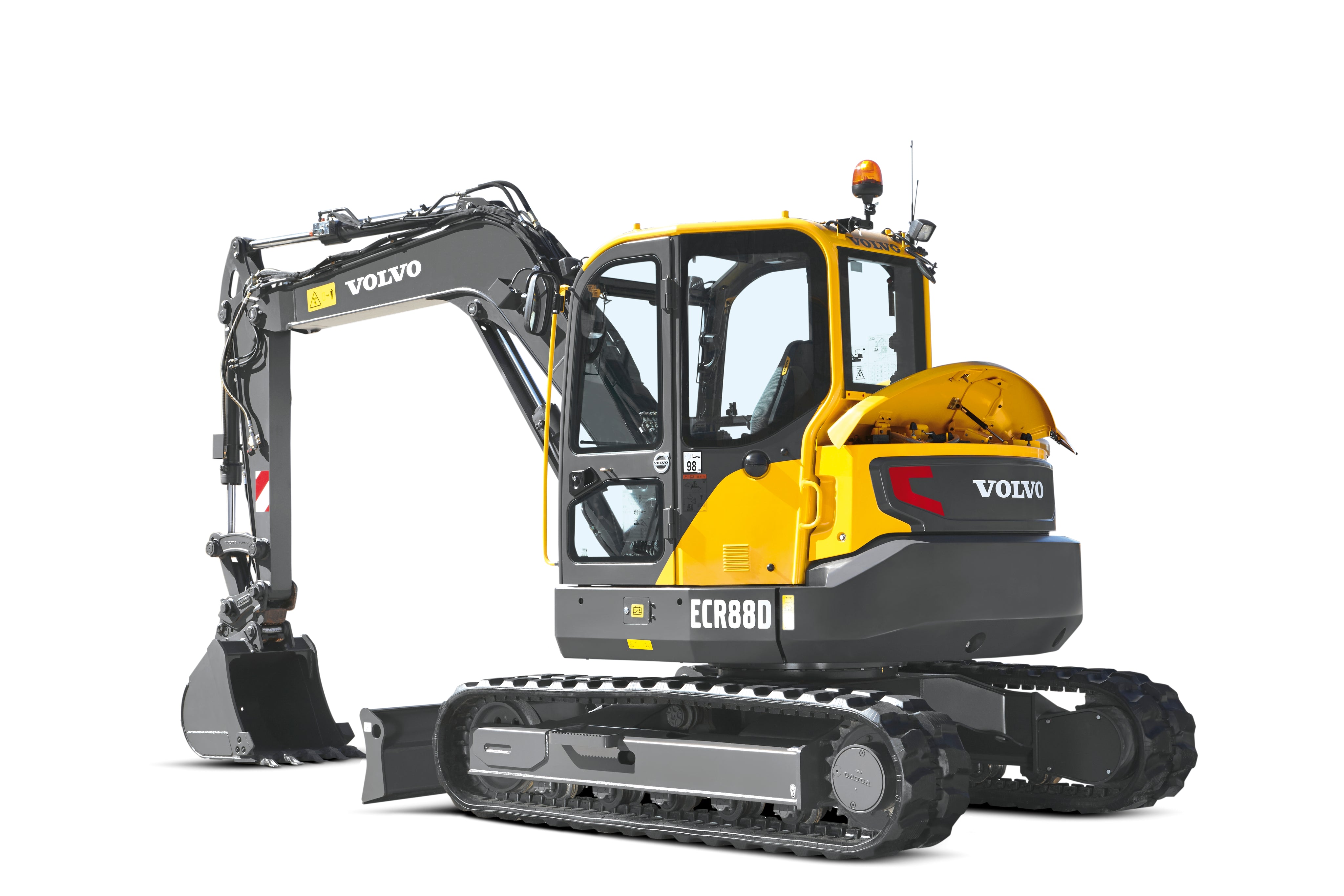 Gray Volvo ECR88D compact excavator with black bucket, yellow cab accents, and tracks on a white background.