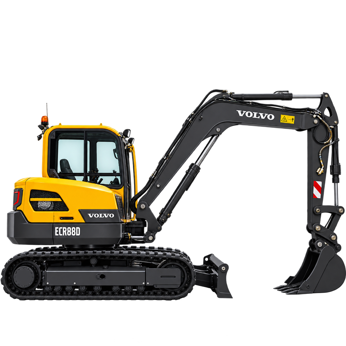 Yellow and black Volvo ECR88D excavator with black tracks, black bucket, enclosed cab, and front blade on a transparent background.