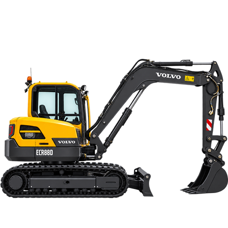 Yellow and black Volvo ECR88D excavator with black tracks, black bucket, enclosed cab, and front blade on a transparent background.