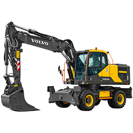 Yellow and black Volvo EW180E wheeled excavator with black tires, enclosed cab, hydraulic boom, and large digging bucket on a transparent background.