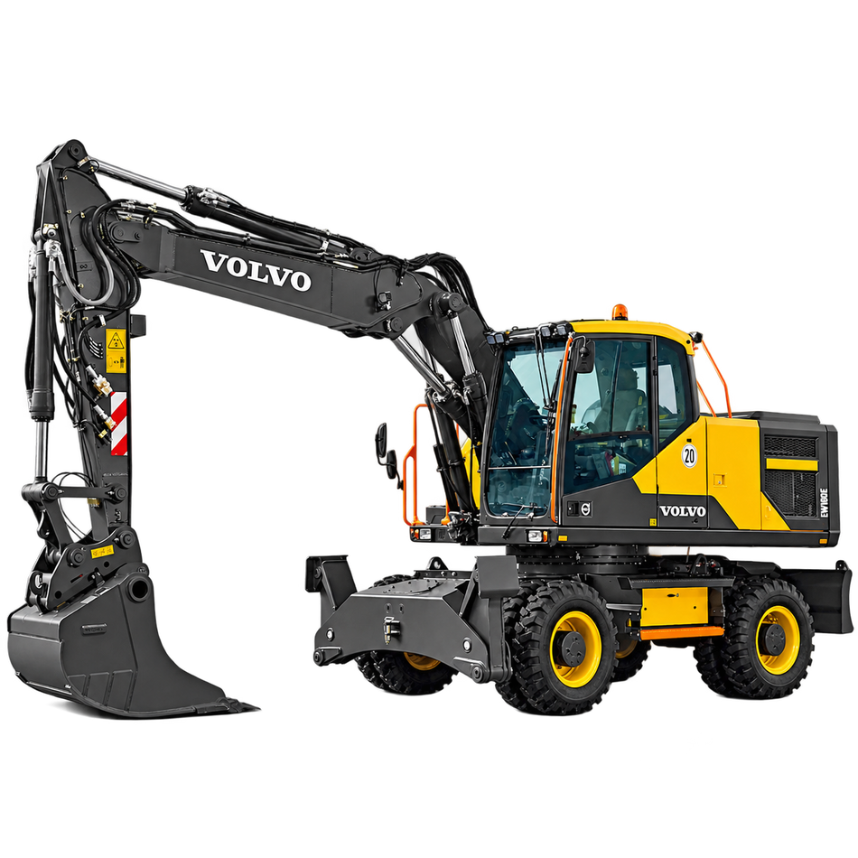 Yellow and black Volvo EW180E wheeled excavator with black tires, enclosed cab, hydraulic boom, and large digging bucket on a transparent background.