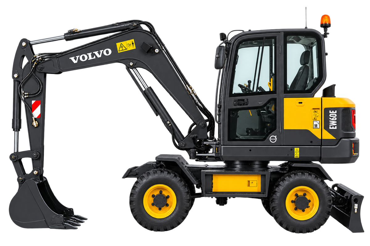 Yellow and black Volvo EW60E wheeled excavator with black tires, black bucket, enclosed cab, and rear blade on a transparent background.