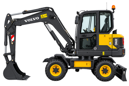 Yellow and black Volvo EW60E wheeled excavator with black tires, black bucket, enclosed cab, and rear blade on a transparent background.