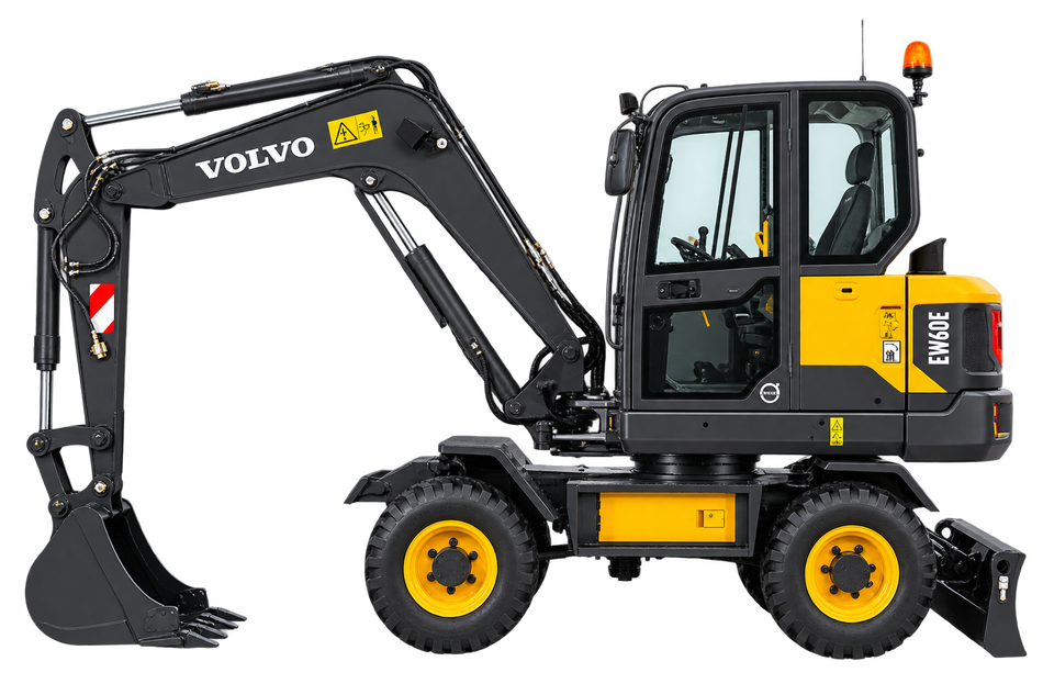 Yellow and black Volvo EW60E wheeled excavator with black tires, black bucket, enclosed cab, and rear blade on a transparent background.