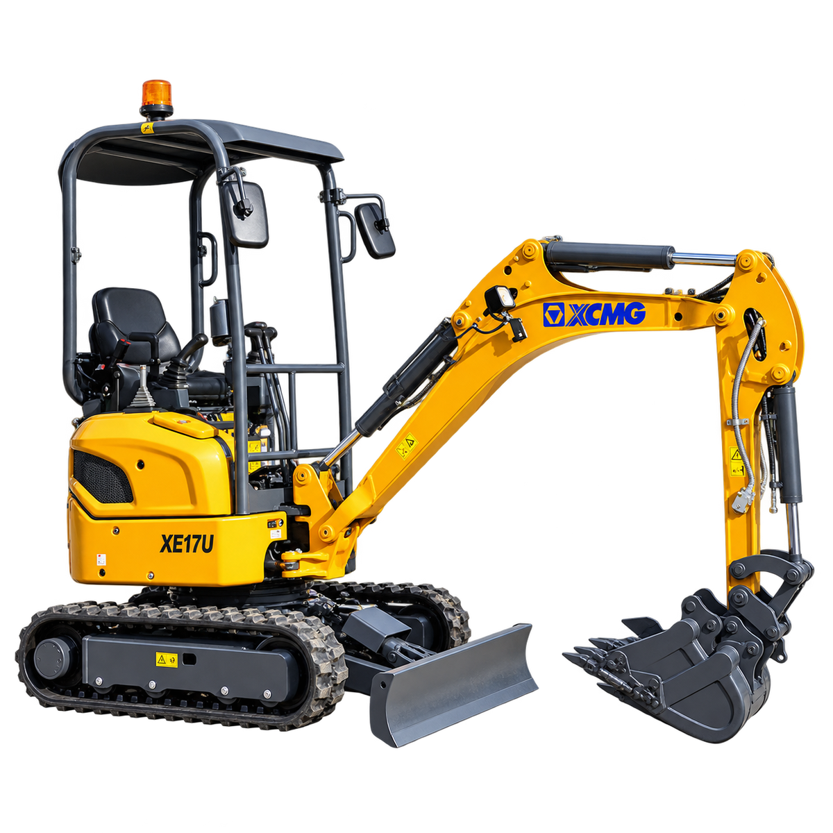 Yellow XCMG XE17U mini excavator with black rubber tracks, open operator station with protective canopy, hydraulic boom, black digging bucket, front dozer blade, and amber warning beacon on a transparent background.