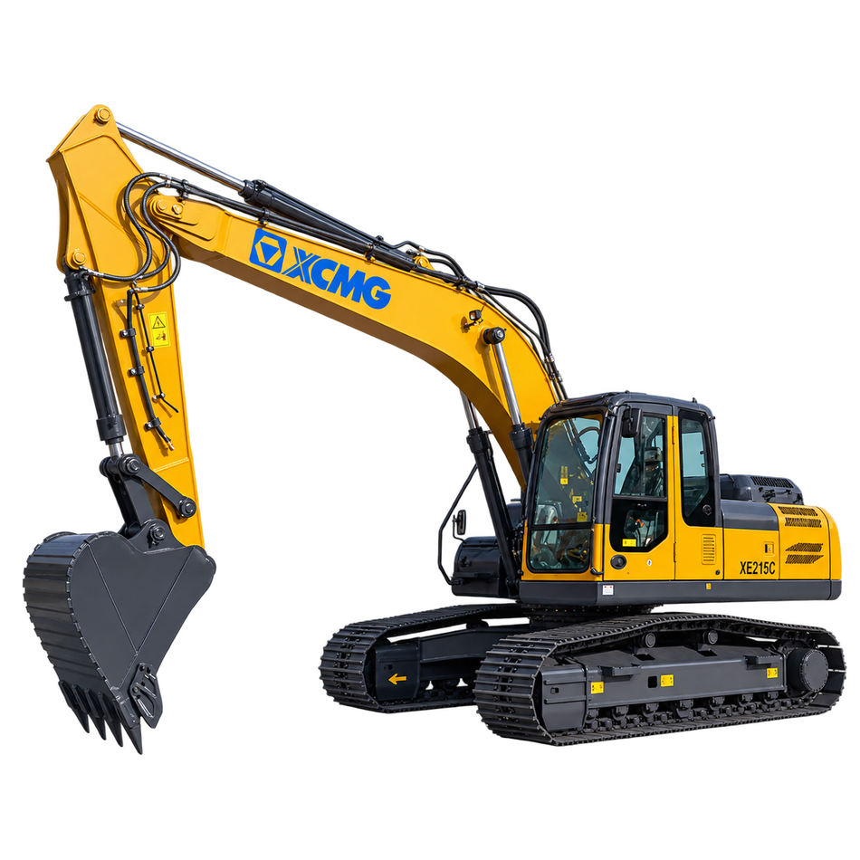 Yellow XCMG XE215C excavator with black steel tracks, enclosed cab, hydraulic boom, large black digging bucket, and rear engine compartment on a transparent background.
