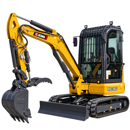 Yellow XCMG XE35U mini excavator with black tracks, yellow boom and arm, black bucket, enclosed cab with protective guard, and front blade on a transparent background.