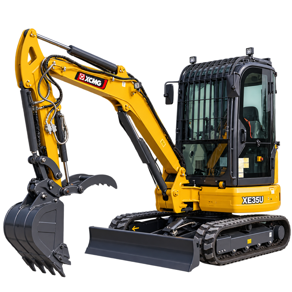 Yellow XCMG XE35U mini excavator with black tracks, yellow boom and arm, black bucket, enclosed cab with protective guard, and front blade on a transparent background.