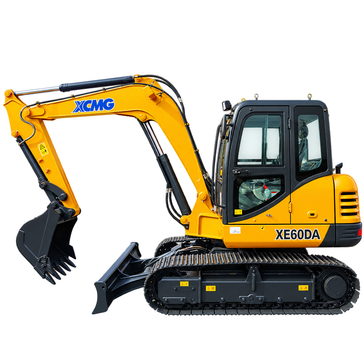 Yellow XCMG XE60DA mini excavator with black rubber tracks, enclosed cab, front dozer blade, hydraulic boom, and black digging bucket on a transparent background.