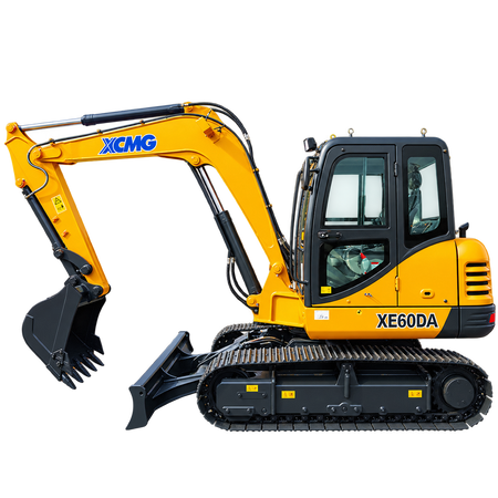 Yellow XCMG XE60DA mini excavator with black rubber tracks, enclosed cab, front dozer blade, hydraulic boom, and black digging bucket on a transparent background.