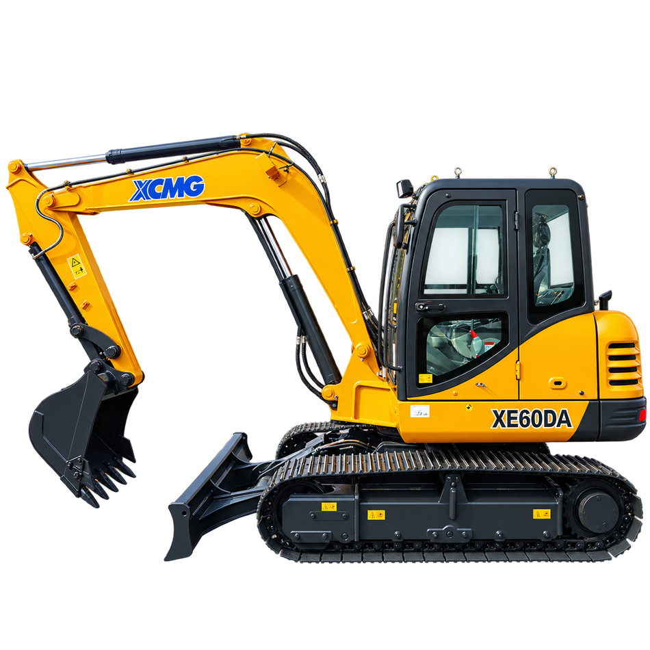 Yellow XCMG XE60DA mini excavator with black rubber tracks, enclosed cab, front dozer blade, hydraulic boom, and black digging bucket on a transparent background.