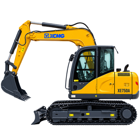 Yellow XCMG XE75DA excavator with black rubber tracks, dark gray digging bucket, enclosed cab with tinted windows, front dozer blade, and black undercarriage on a transparent background.