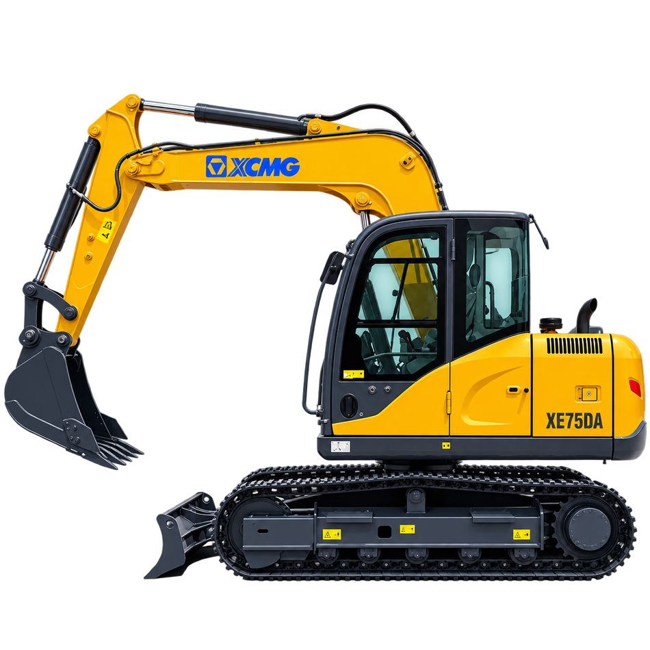 Yellow XCMG XE75DA excavator with black rubber tracks, dark gray digging bucket, enclosed cab with tinted windows, front dozer blade, and black undercarriage on a transparent background.