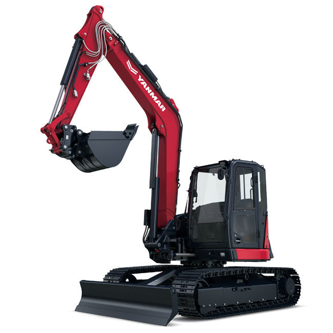 Yanmar SV100-2 midi-excavator with red boom, black bucket, enclosed cab, and steel tracks on white background