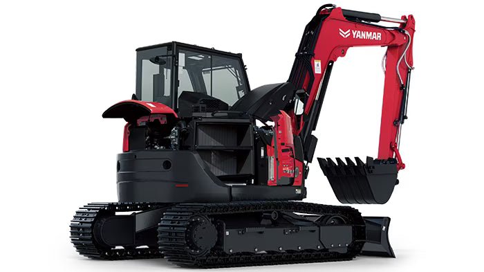Yanmar SV100-2 midi-excavator with red boom, black bucket, enclosed cab, and steel tracks on white background