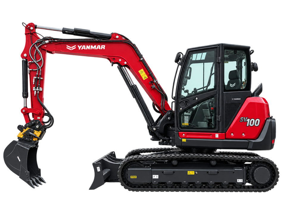 Red Yanmar SV100 excavator with black tracks, enclosed cab, red boom and arm, black bucket, and black blade on a transparent background.