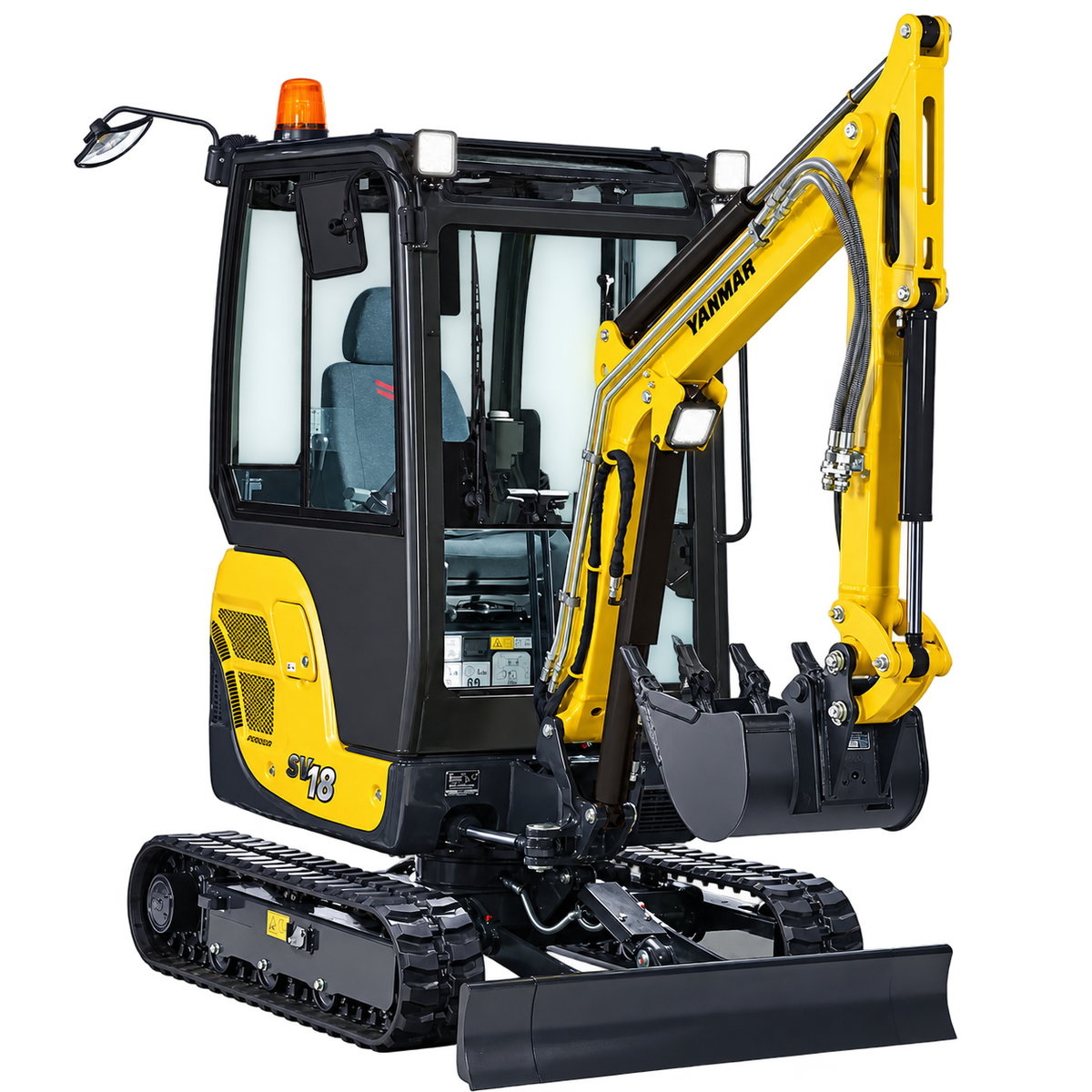 Yellow Yanmar SV18 mini excavator with black rubber tracks, enclosed cab, hydraulic boom, black digging bucket, and front dozer blade on a transparent background.