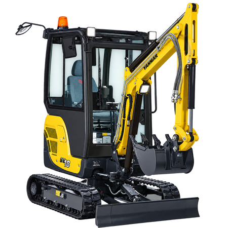 Yellow Yanmar SV18 mini excavator with black rubber tracks, enclosed cab, hydraulic boom, black digging bucket, and front dozer blade on a transparent background.