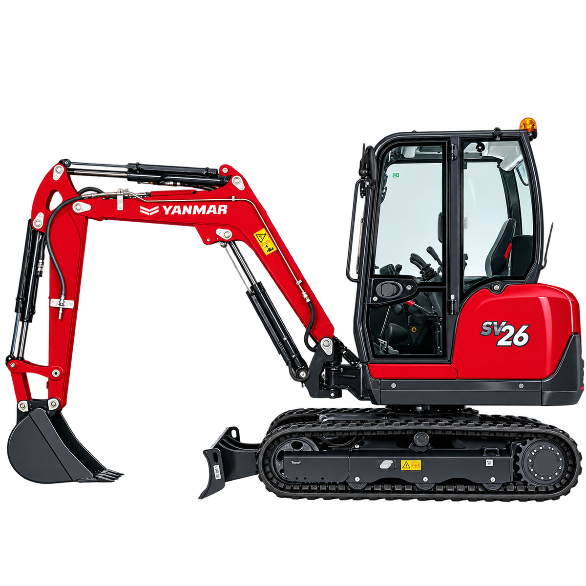 Red Yanmar SV26 mini excavator with black rubber tracks, enclosed cab, hydraulic boom, black digging bucket, and front dozer blade on a transparent background.
