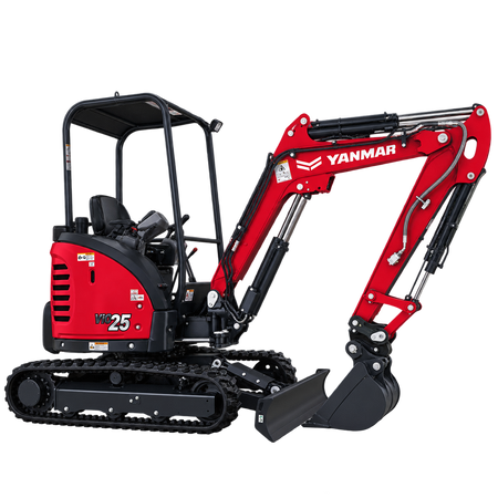 Red Yanmar VIO25 mini excavator with black tracks, black digging bucket, open operator canopy, and front blade on a transparent background.