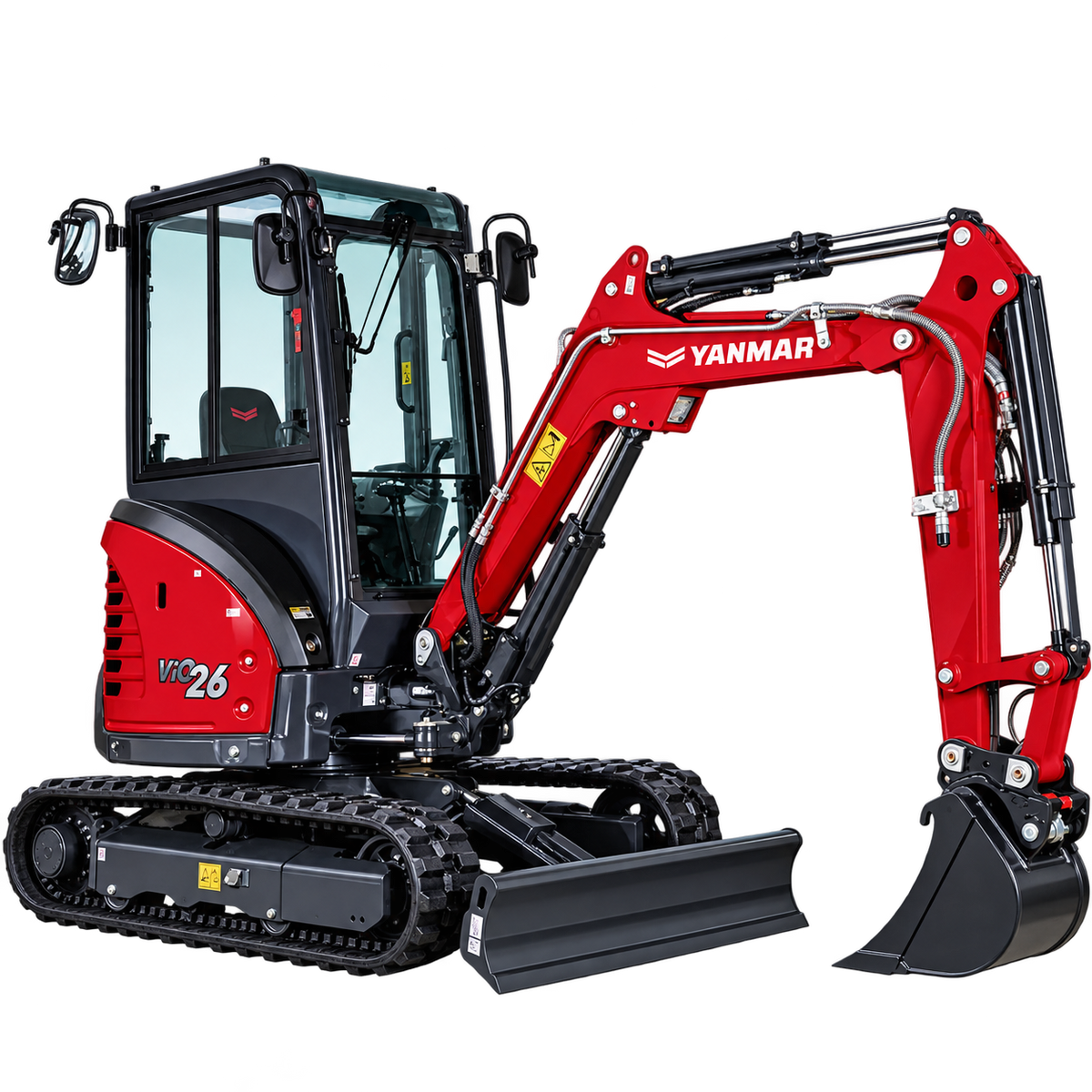 Red Yanmar VIO26-6 mini excavator with black rubber tracks, enclosed cab, hydraulic boom, black digging bucket, and front dozer blade on a transparent background.