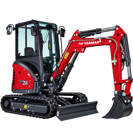 Red Yanmar VIO26-6 mini excavator with black rubber tracks, enclosed cab, hydraulic boom, black digging bucket, and front dozer blade on a transparent background.