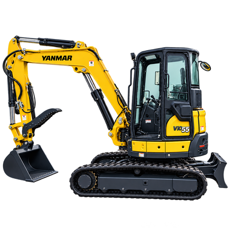 Yellow Yanmar VIO55-6B excavator with black tracks, enclosed cab, black digging bucket, and rear blade on a transparent background.