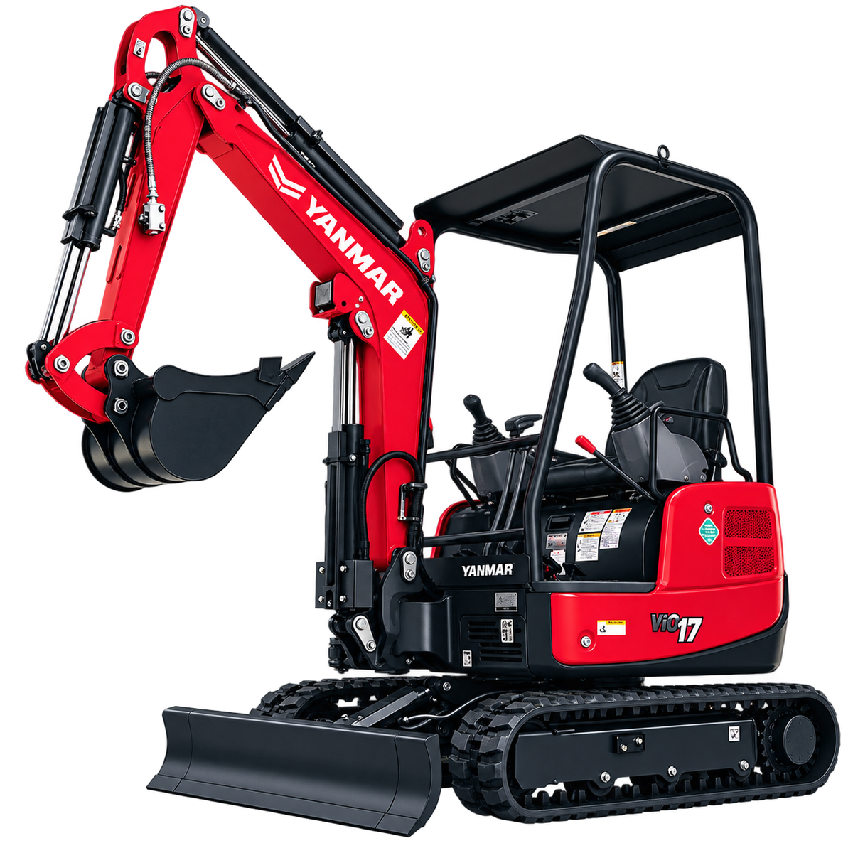 Red Yanmar ViO17 mini excavator with black tracks, black bucket, and open operator cab on a white background.