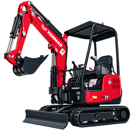 Red Yanmar ViO17 mini excavator with black tracks, black bucket, and open operator cab on a white background.