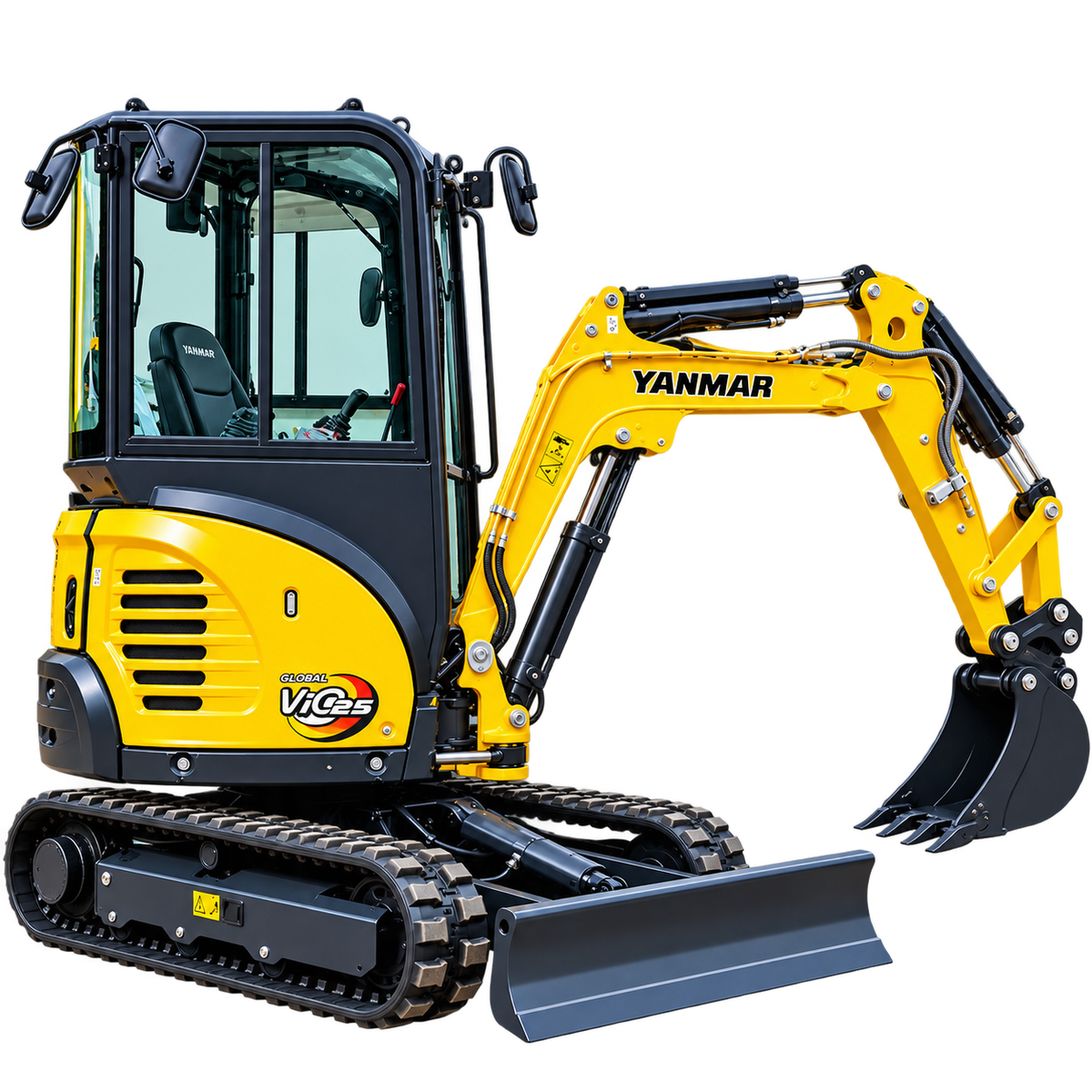 Yellow Yanmar ViO25-4 mini excavator with black rubber tracks, enclosed cab, hydraulic boom, black digging bucket, front dozer blade, and dark gray undercarriage on a transparent background.