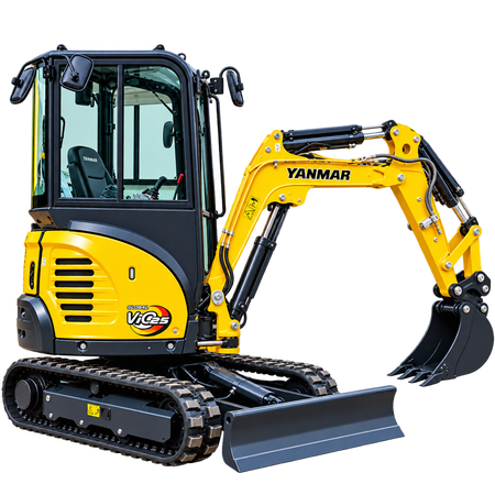 Yellow Yanmar ViO25-4 mini excavator with black rubber tracks, enclosed cab, hydraulic boom, black digging bucket, front dozer blade, and dark gray undercarriage on a transparent background.