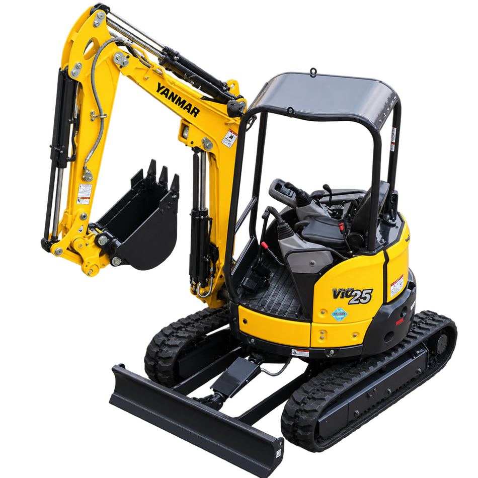 Yellow Yanmar ViO25-6A mini excavator with black tracks, black bucket, black canopy, and front blade on a transparent background.