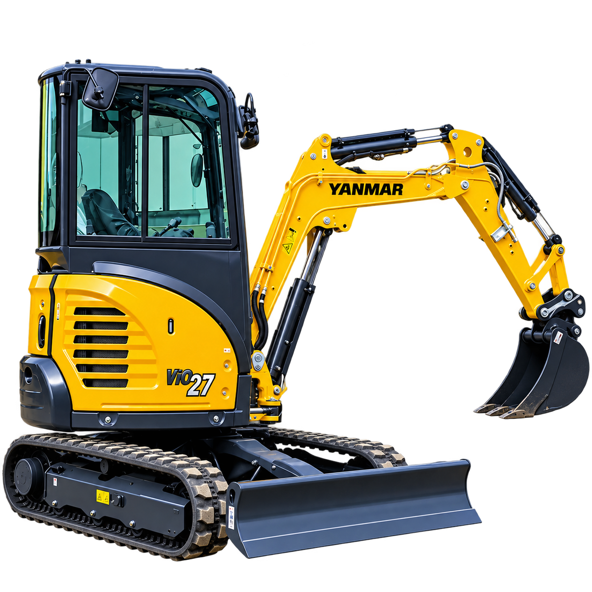 Yellow Yanmar ViO27-6 mini excavator with black rubber tracks, enclosed cab, hydraulic boom, black digging bucket, front dozer blade, and dark gray lower body on a transparent background.
