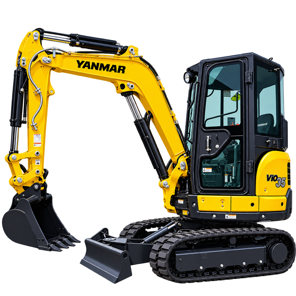 Yellow Yanmar ViO35-6B mini excavator with black rubber tracks, enclosed cab, black digging bucket, front dozer blade, hydraulic boom, and dark gray undercarriage on a transparent background.