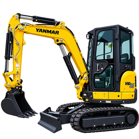 Yellow Yanmar ViO35-6B mini excavator with black rubber tracks, enclosed cab, black digging bucket, front dozer blade, hydraulic boom, and dark gray undercarriage on a transparent background.