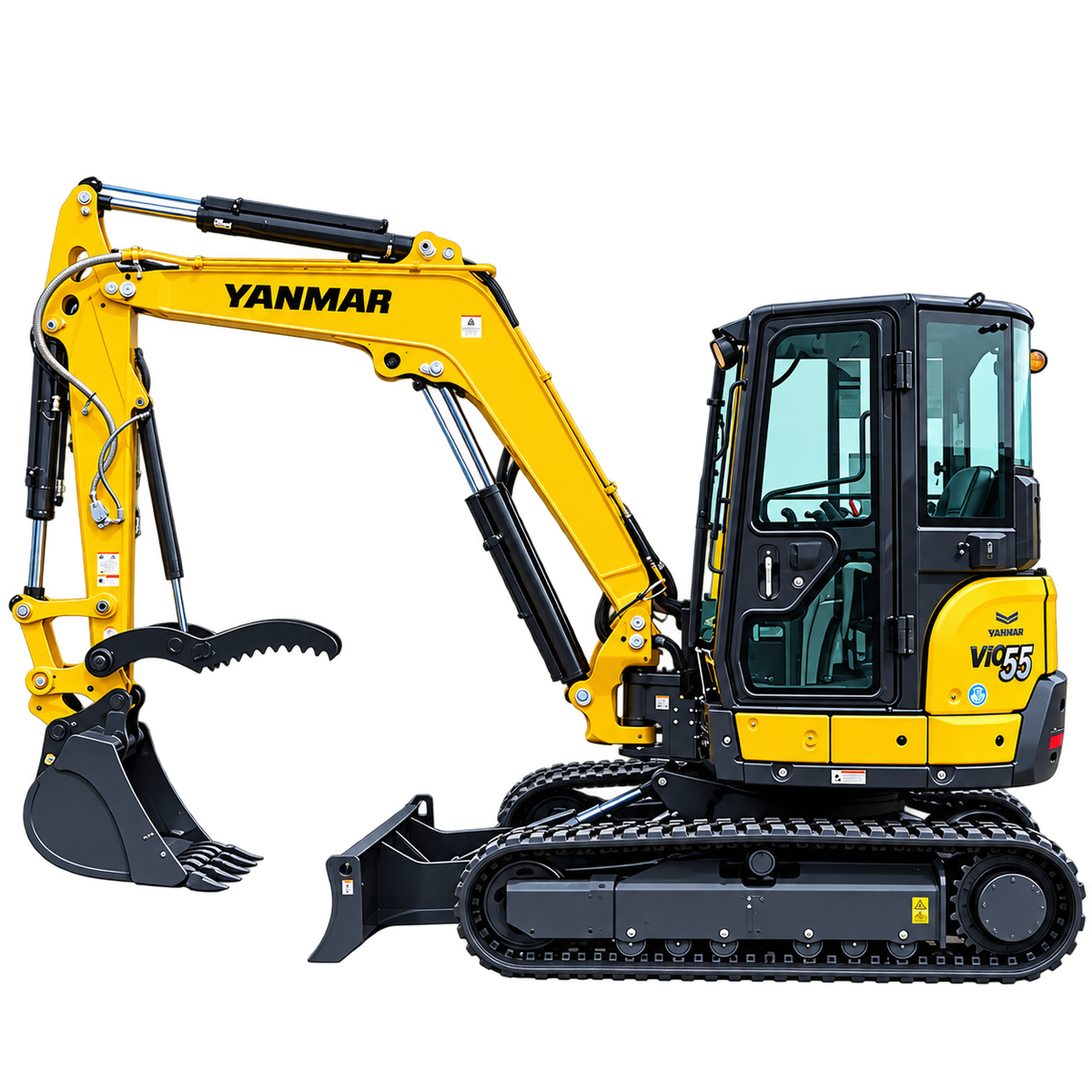 Yellow Yanmar ViO55-5B mini excavator with black rubber tracks, enclosed cab, front dozer blade, hydraulic boom, and black digging bucket on a transparent background.