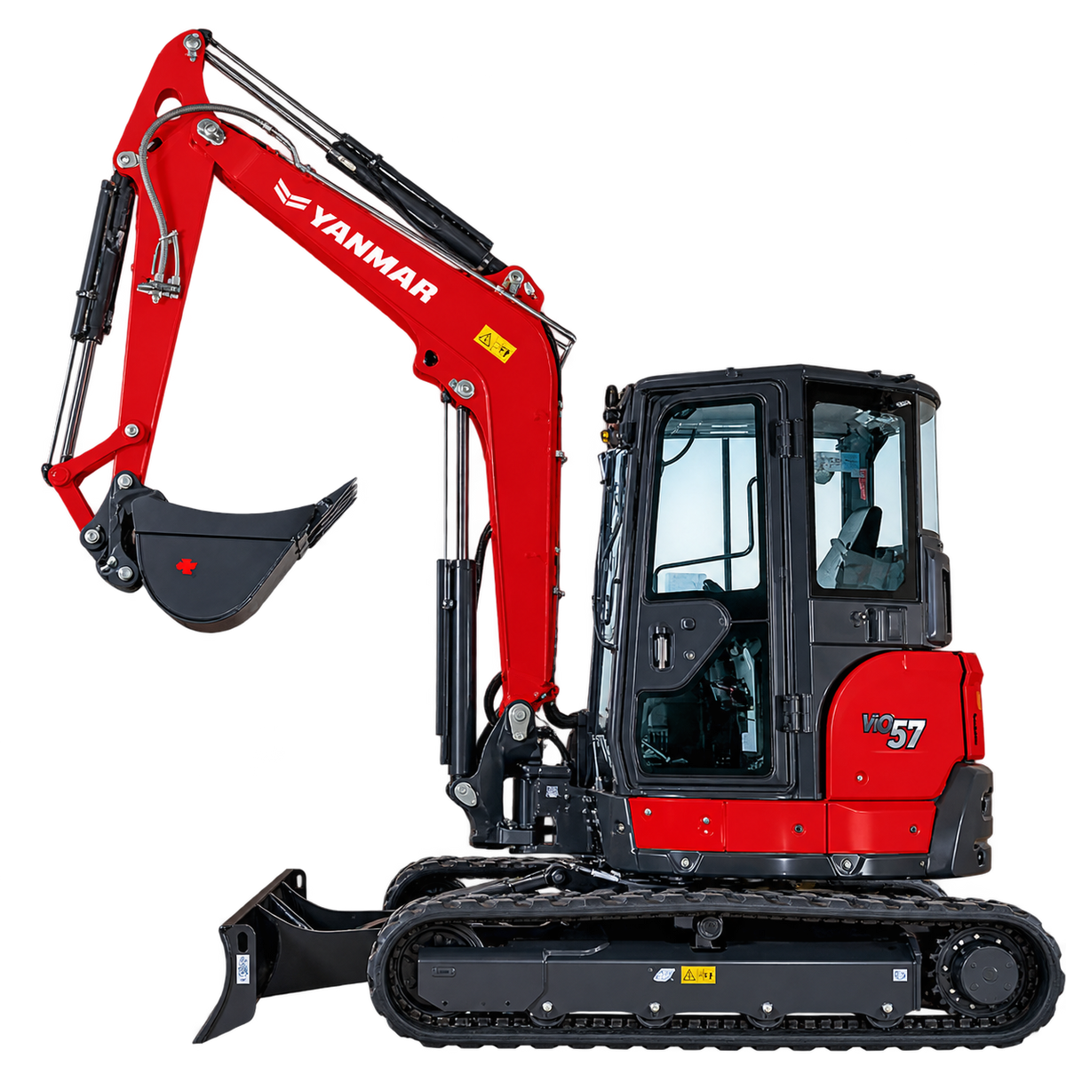 Red Yanmar ViO57-6B mini excavator with black rubber tracks, enclosed cab, black digging bucket, front dozer blade, hydraulic boom, and dark gray undercarriage on a transparent background.