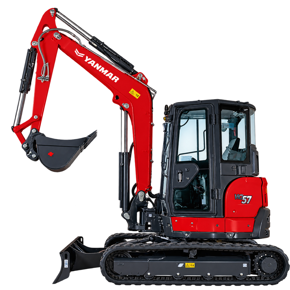 Red Yanmar ViO57-6B mini excavator with black rubber tracks, enclosed cab, black digging bucket, front dozer blade, hydraulic boom, and dark gray undercarriage on a transparent background.