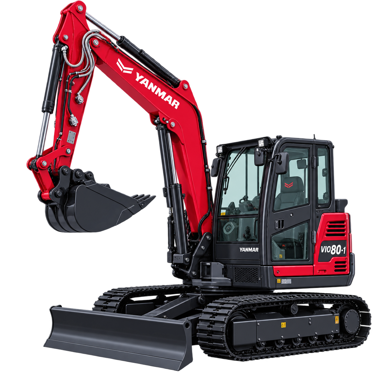 Red Yanmar ViO80-1 excavator with black tracks, black bucket, enclosed cab, and front blade on a transparent background.