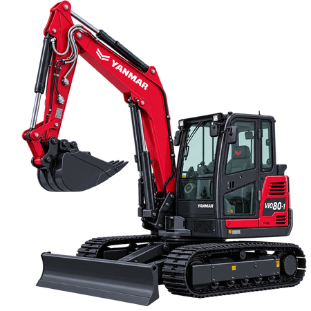 Red Yanmar ViO80-1 excavator with black tracks, black bucket, enclosed cab, and front blade on a transparent background.