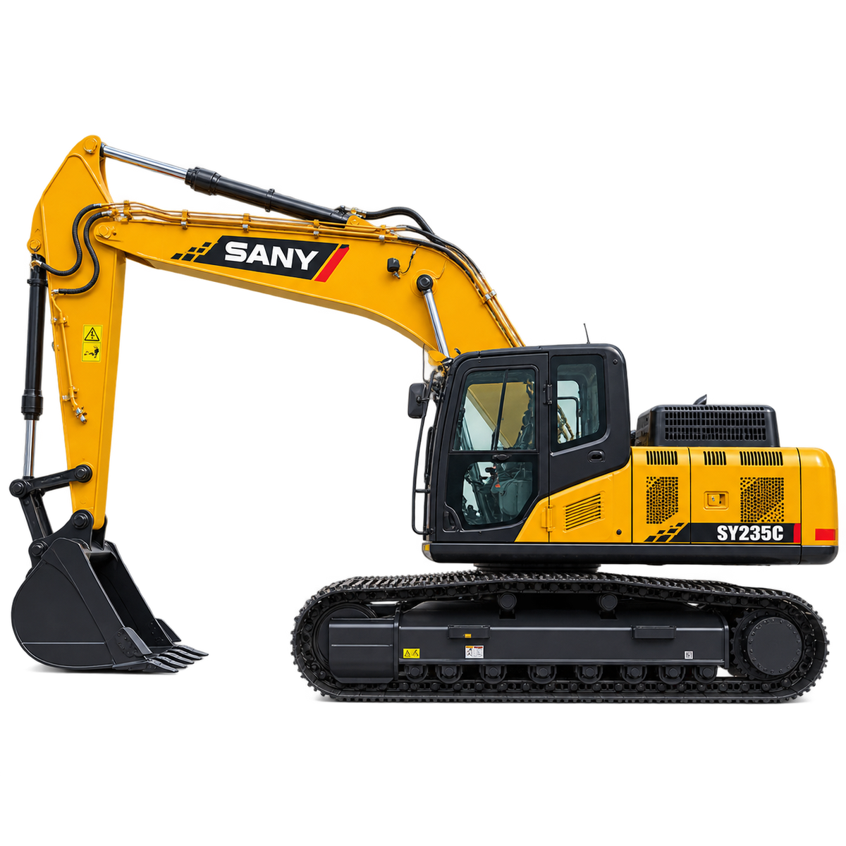 Yellow Sany SY235C excavator with black tracks, enclosed cab, yellow boom and arm, and black bucket on a transparent background.