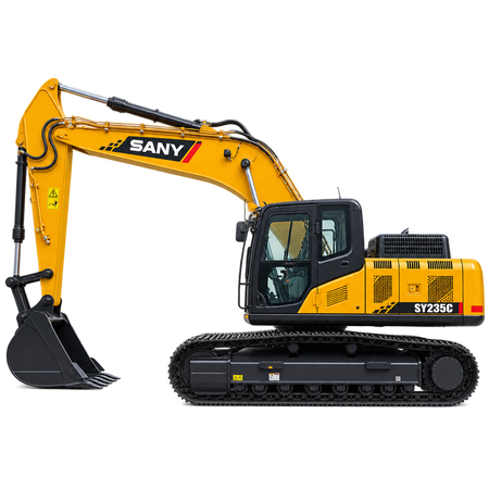 Yellow Sany SY235C excavator with black tracks, enclosed cab, yellow boom and arm, and black bucket on a transparent background.