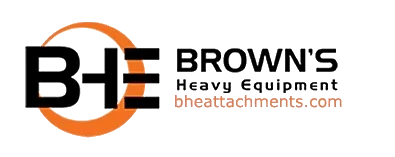 Logo for 'BHE Brown's Heavy Equipment' featuring an orange and black circular design with the letters 'BHE' inside, accompanied by the text 'Brown's Heavy Equipment' and the website 'bheattachments.com' below.